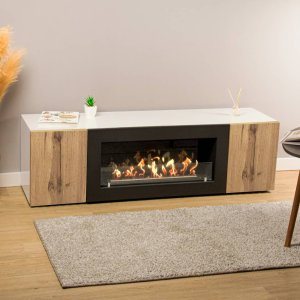 Тумба под ТВ с биокамином SteelHeat LIVORNO IMPULSE 140 см (корпус белый / фасады дуб Вотан)