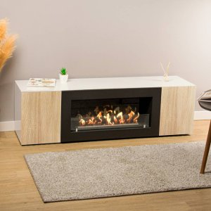 Тумба под ТВ с биокамином SteelHeat LIVORNO IMPULSE 140 см (корпус белый / фасады дуб Сонома)